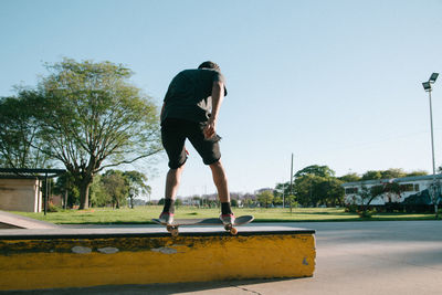 Portrait of skateboarder grinding