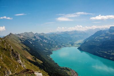 Scenic view of sea and mountains against sky