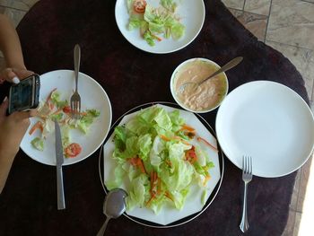 Close-up of served food on table