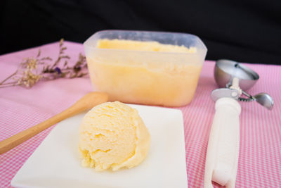 Close-up of dessert served in plate on table