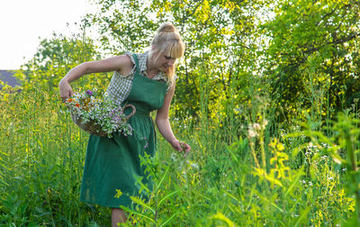 Rear view of woman standing amidst plants