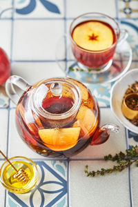 High angle view of drink in glass on table