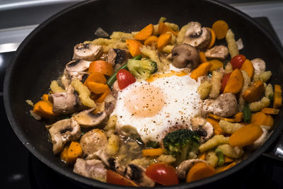 High angle view of breakfast in cooking pan