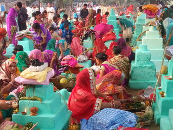 High angle view of people in market