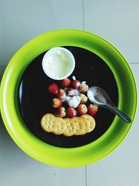 High angle view of breakfast served on table