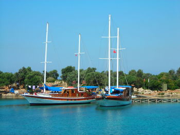 Boats moored at harbor