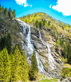 Scenic view of waterfall in forest against sky