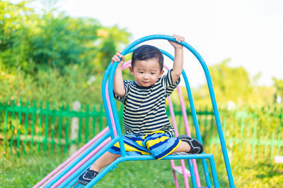 Cute boy playing on plants