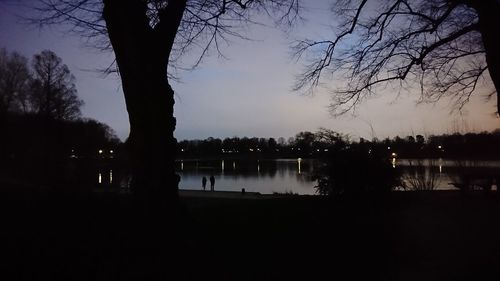 Silhouette bare trees by lake against sky at night