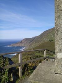 Scenic view of sea and mountains against blue sky