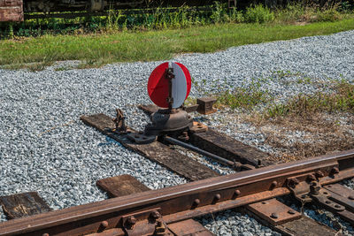 High angle view of horse cart on railroad track