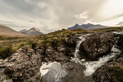 A beautiful wide angle view of the typical nature inside the isle of skye, september 2019