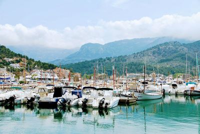 Boats moored in harbor