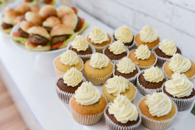 High angle view of cupcakes on table