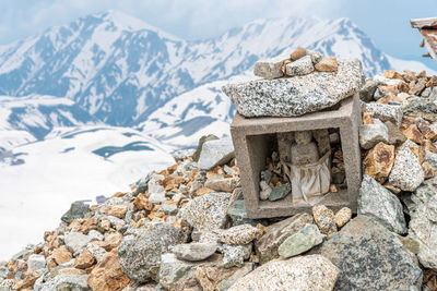 High angle view of rocks on snowcapped mountain