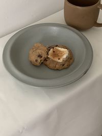 High angle view of cookies in plate on table