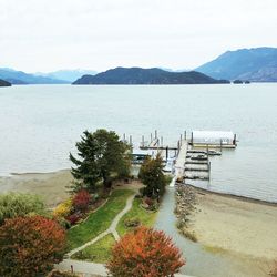 High angle view of bay against sky