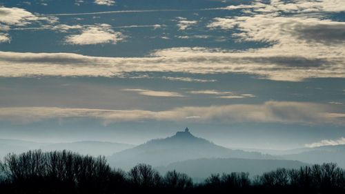 Scenic view of silhouette mountains against sky