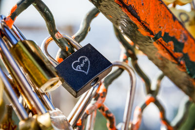 Close-up of padlocks hanging on metal