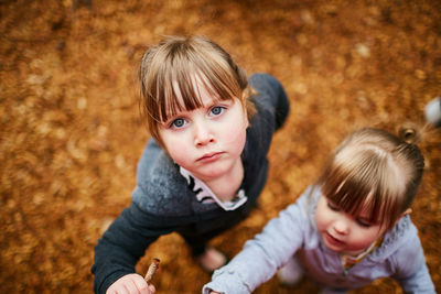 High angle view of siblings standing at park during autumn