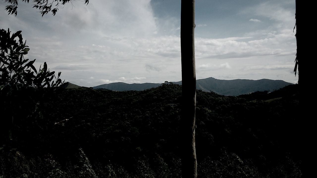 mountain, sky, mountain range, tranquility, tranquil scene, cloud - sky, scenics, landscape, beauty in nature, cloud, tree, nature, cloudy, non-urban scene, silhouette, day, idyllic, no people, outdoors, remote