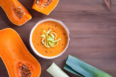 High angle view of soup on table