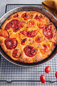 High angle view of pizza on table