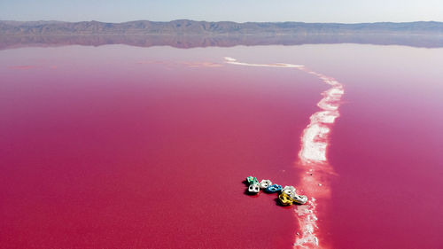 High angle view of pink umbrella by sea