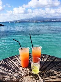 Close-up of drink on table against sea