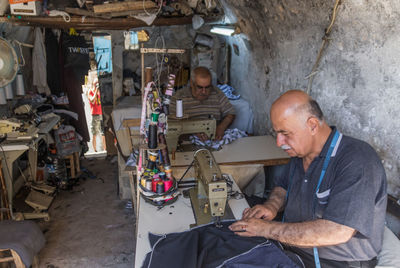 High angle view of men working