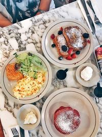 High angle view of breakfast on table