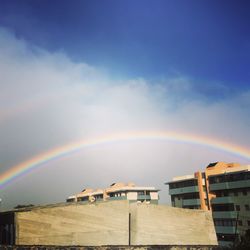 Low angle view of rainbow over buildings in city against sky