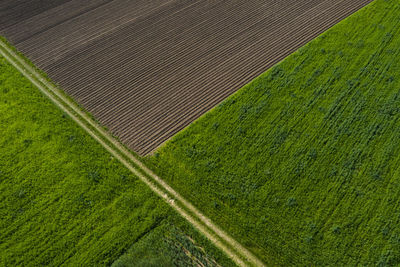 Austria, upper austria, hausruckviertel, drone view of green and plowed fields