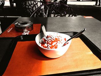 High angle view of breakfast on table