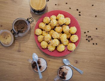 High angle view of breakfast on table