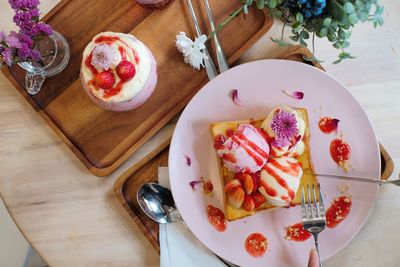 High angle view of breakfast on table