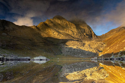 Scenic view of lake by mountains against sky