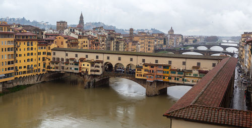 Bridge over river against buildings in city