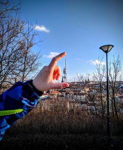 Midsection of person hand holding plant against sky