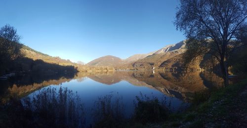 Scenic view of lake against clear blue sky