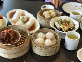 High angle view of food in bowls on table