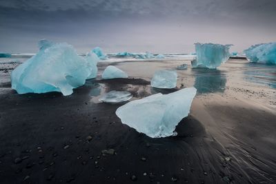 Ice floating on water in sea against sky