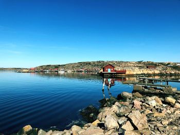 Scenic view of sea against clear blue sky