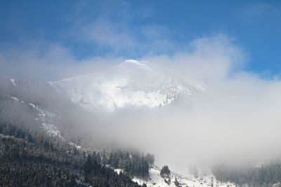 Scenic view of snowcapped mountains against sky during winter