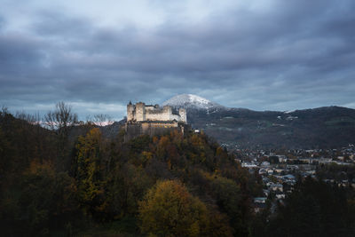 Scenic view of mountains against cloudy sky