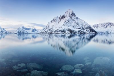 Scenic view of lake and snowcapped mountains against sky