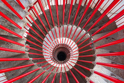 High angle view of red spiral staircase