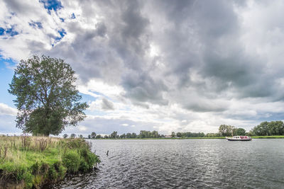 Scenic view of river against cloudy sky