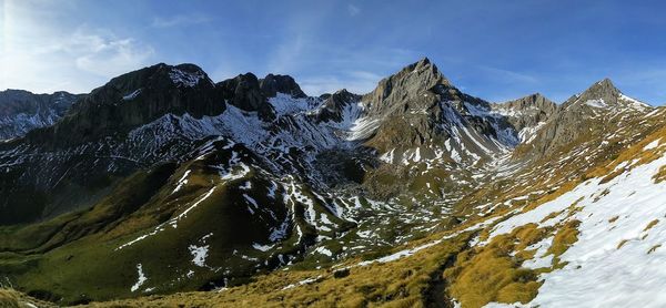 Panoramic view of snowcapped mountains against sky