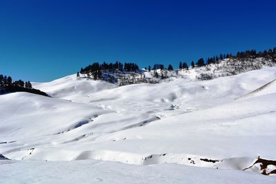 Scenic view of snow covered landscape against clear blue sky